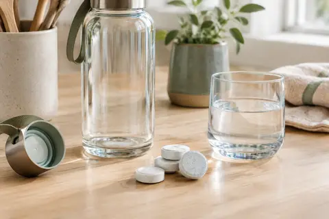 Pastilles nettoyantes près d’une gourde en verre dans une cuisine lumineuse aux tons naturels
