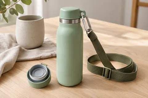 Gourde isotherme Daikoku vert pastel avec bouchon, mousqueton et bandoulière sur une table en bois clair.