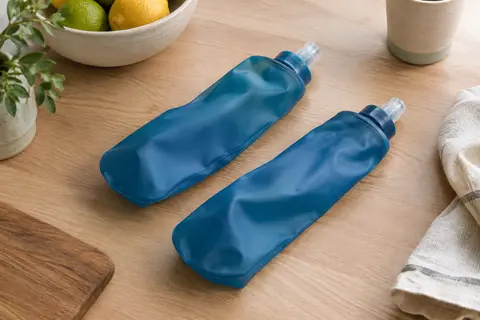 Deux flasques souples bleues en TPU posées sur une table en bois clair, avec un linge en lin.