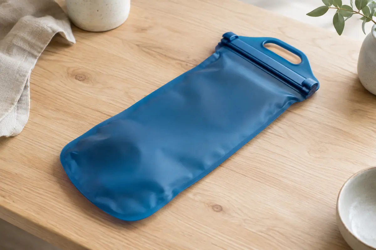 Poche à eau bleue en TPU avec fermeture coulissante et poignée, posée sur une table en bois clair.