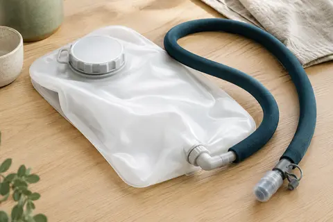 Poche à eau blanche en TPU avec tuyau isolé, posée sur une table en bois clair