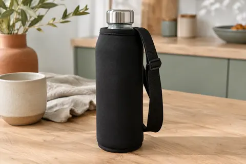 Housse porte-gourde noire en néoprène avec sangle extensible, autour d’une bouteille sur une table en bois clair.