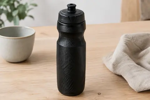 Bidon de vélo noir à corps souple texturé et valve push-pull, posé sur une table en bois clair.