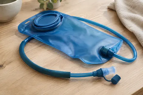 Poche à eau bleue en TPU avec tuyau protégé et embout souple posée sur une table en bois clair.