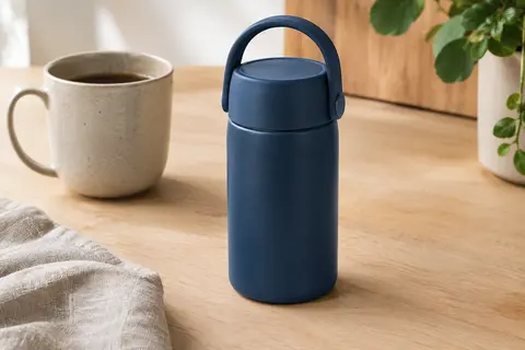 Mini gourde isotherme bleu foncé avec poignée de transport, posée sur une table en bois clair