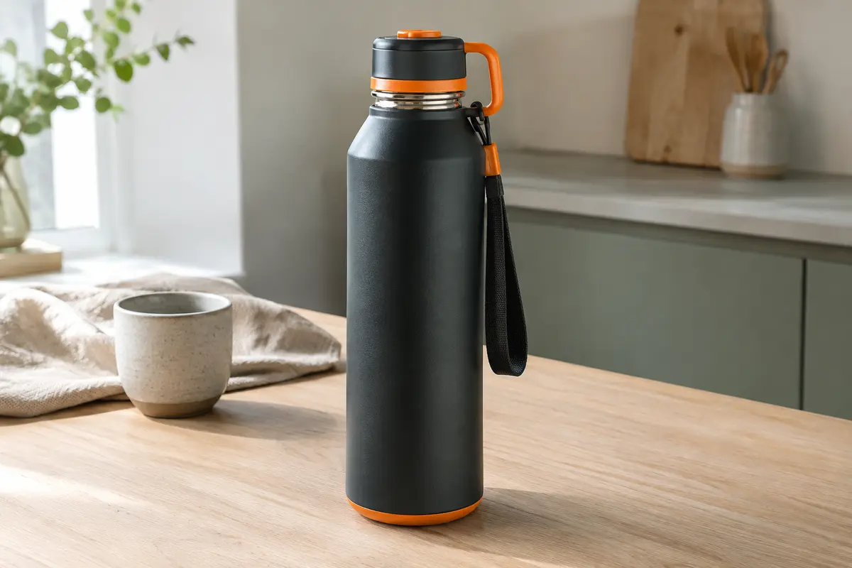 Gourde isotherme sombre aux accents orange avec bouchon magnétique, poignée et sangle sur une table en bois clair.