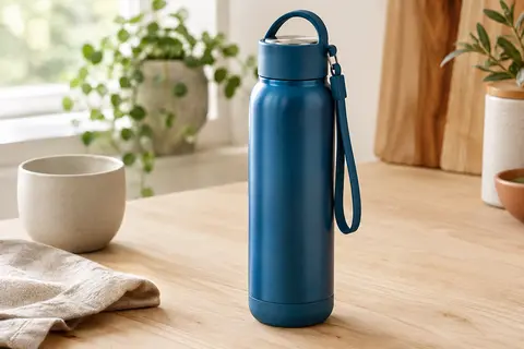 Gourde isotherme bleue en inox avec couvercle magnétique, poignée et sangle, posée sur une table en bois clair.