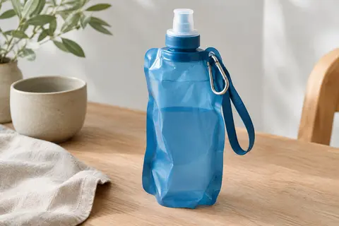 Flasque souple bleue de 500 ml avec valve de morsure, dragonne et mousqueton métallique