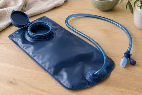 Poche d’hydratation bleu marine de 2 L avec tuyau souple et embout à valve sur une table en bois clair