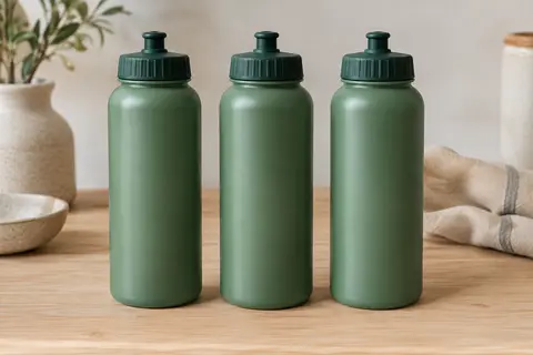 Trois bouteilles de sport à presser vertes au corps lisse, avec bouchon à vis et valve, alignées sur une table en bois clair