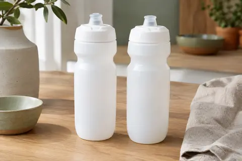 Deux bidons de vélo blancs en polypropylène avec valve buccale, posés sur une table en bois clair.