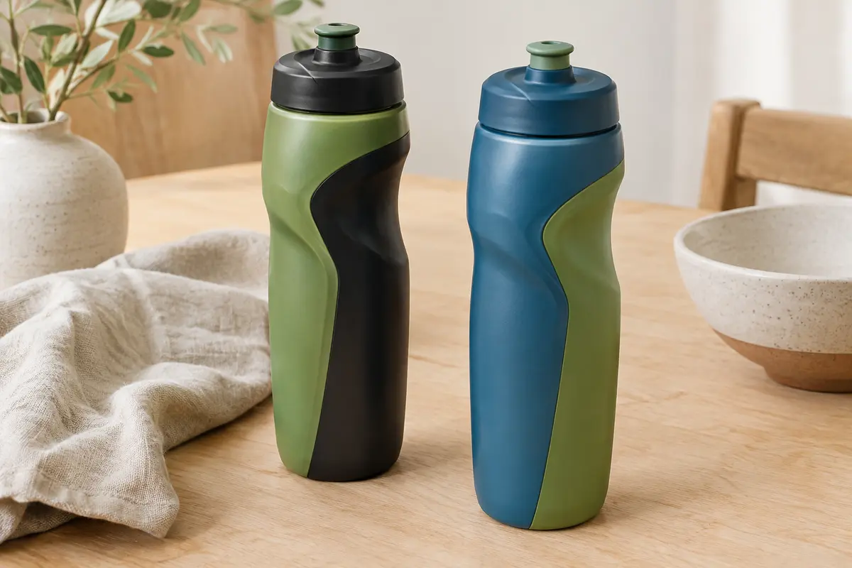 Deux bidons de vélo Gemful, l’un vert et noir, l’autre bleu et vert, posés sur une table en bois clair.
