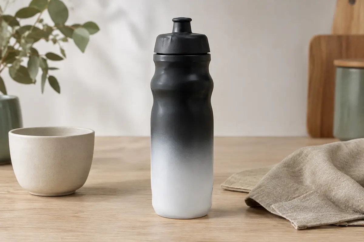Bidon de vélo Glekglek noir et blanc avec valve buccale, posé sur une table en bois clair.