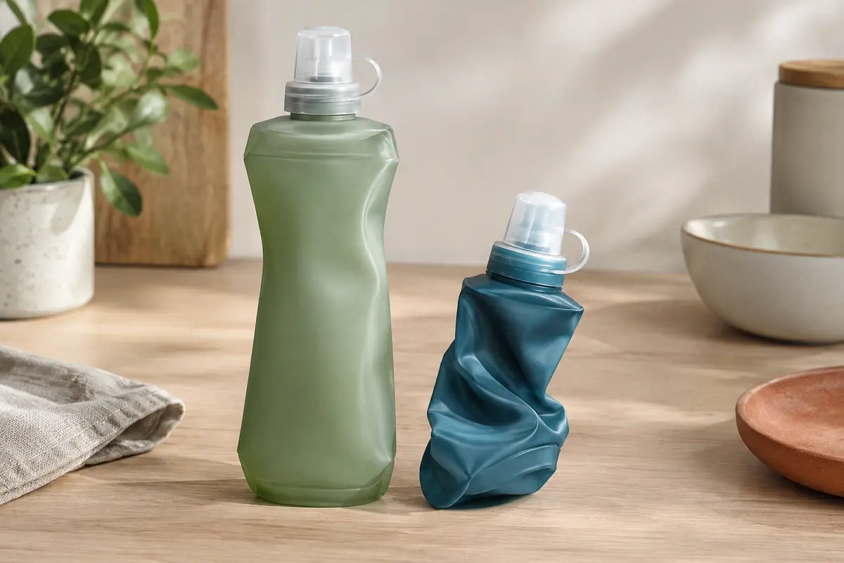 Deux flasques souples multicolores avec bec protégé, posées sur une table en bois clair