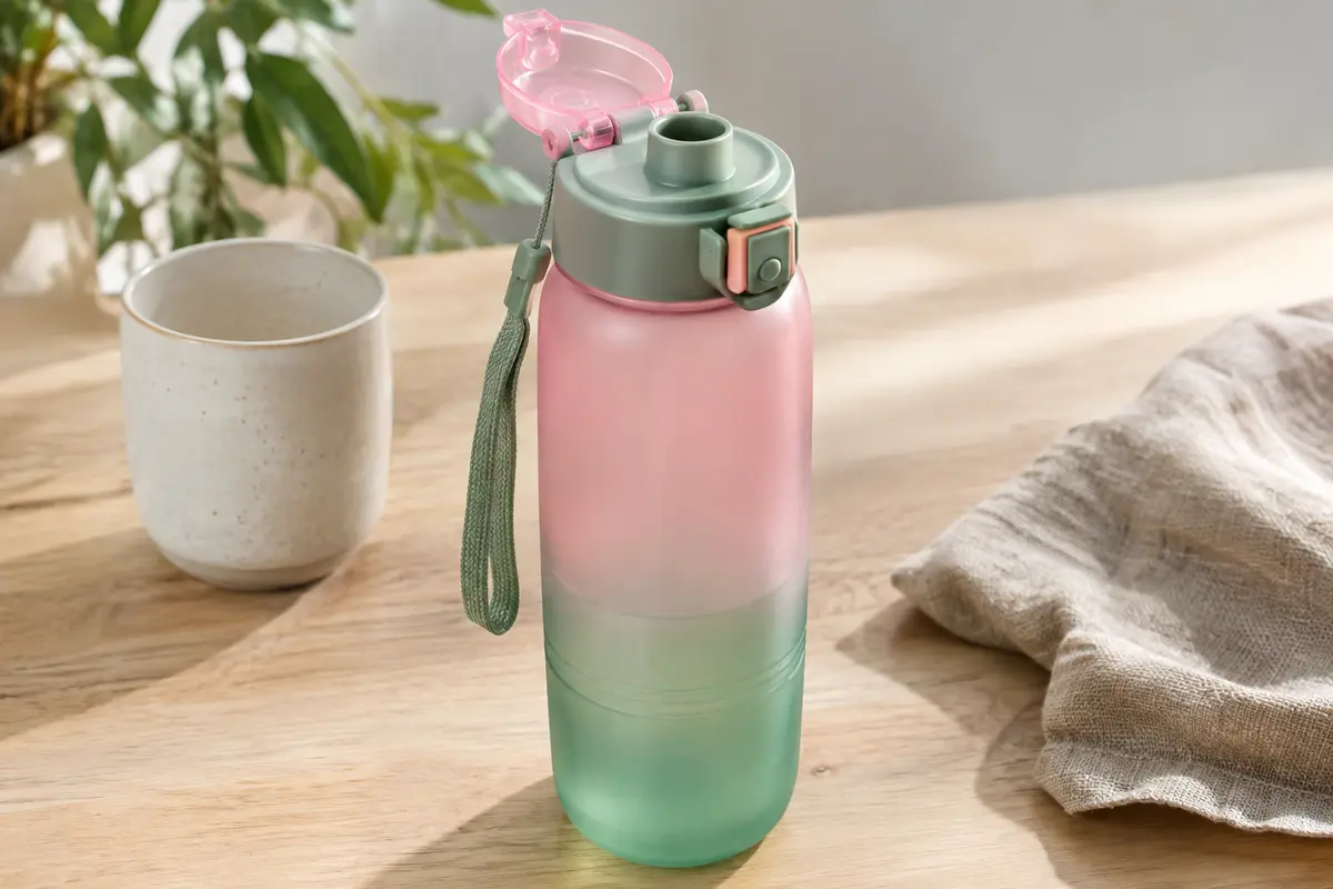 Gourde rose et verte en plastique givré avec couvercle rabattable et cordon, posée sur une table en bois clair.