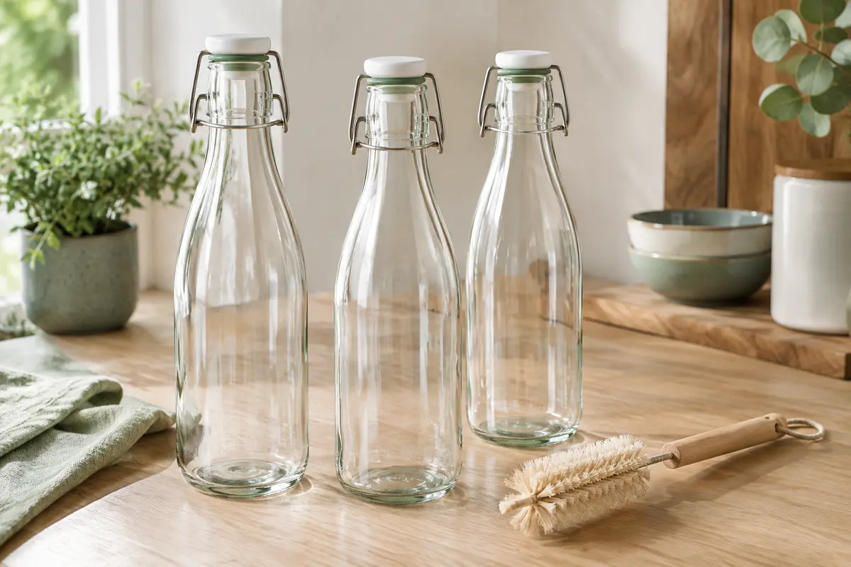 Trois bouteilles transparentes en verre avec couvercles hermétiques et brosse de nettoyage sur un plan de travail clair.