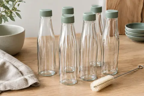 Six bouteilles en verre transparent avec couvercles et une brosse de nettoyage sur une table claire.