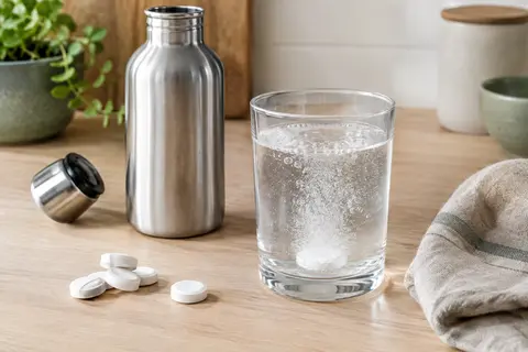 Pastilles effervescentes près d’une gourde en acier inoxydable sur un plan de travail clair