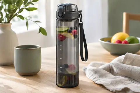 Gourde Hydracy gris-noir avec repères horaires et couvercle rabattable, posée sur une table en bois clair.