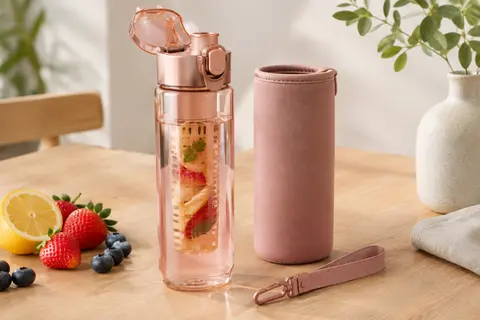 Gourde Hydracy rose gold en Tritan avec infuseur à fruits, housse en néoprène et dragonne.