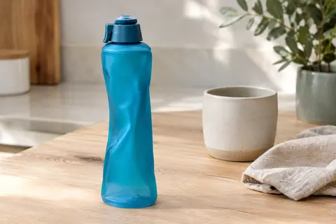 Flasque souple HydraPak PocketFlask dans la teinte Malibu, posée sur une table en bois clair