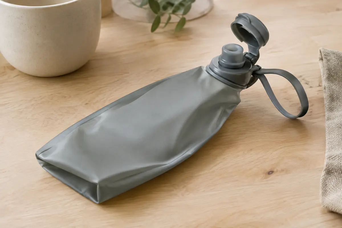Gourde pliable grise HydraPak Stow avec bouchon rabattable, embout en silicone et anse flexible