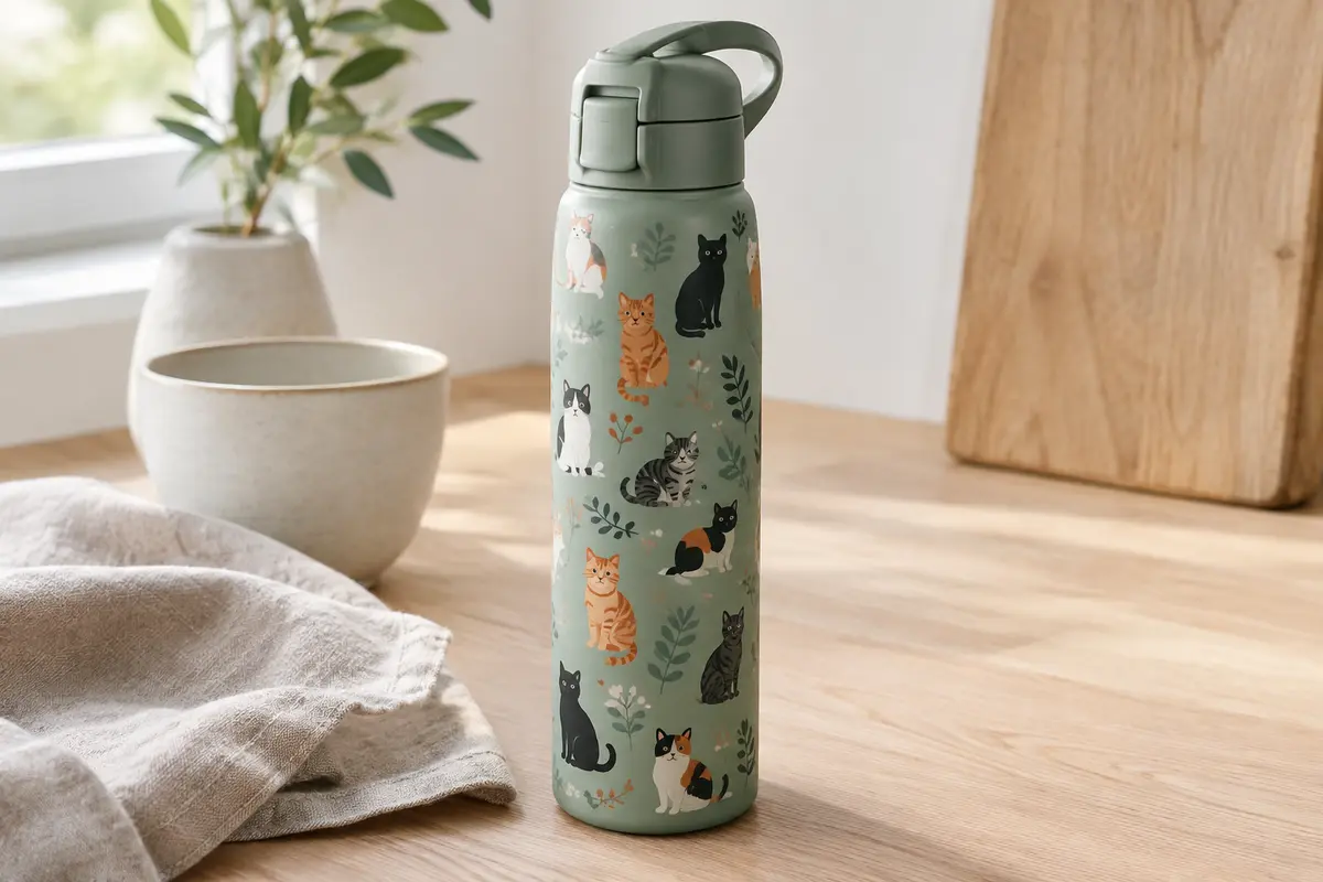 Gourde Ion8 fine en acier inoxydable avec motif de chats et couvercle rabattable sur une table en bois clair.