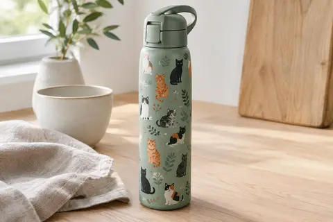 Gourde Ion8 fine en acier inoxydable avec motif de chats et couvercle rabattable sur une table en bois clair.