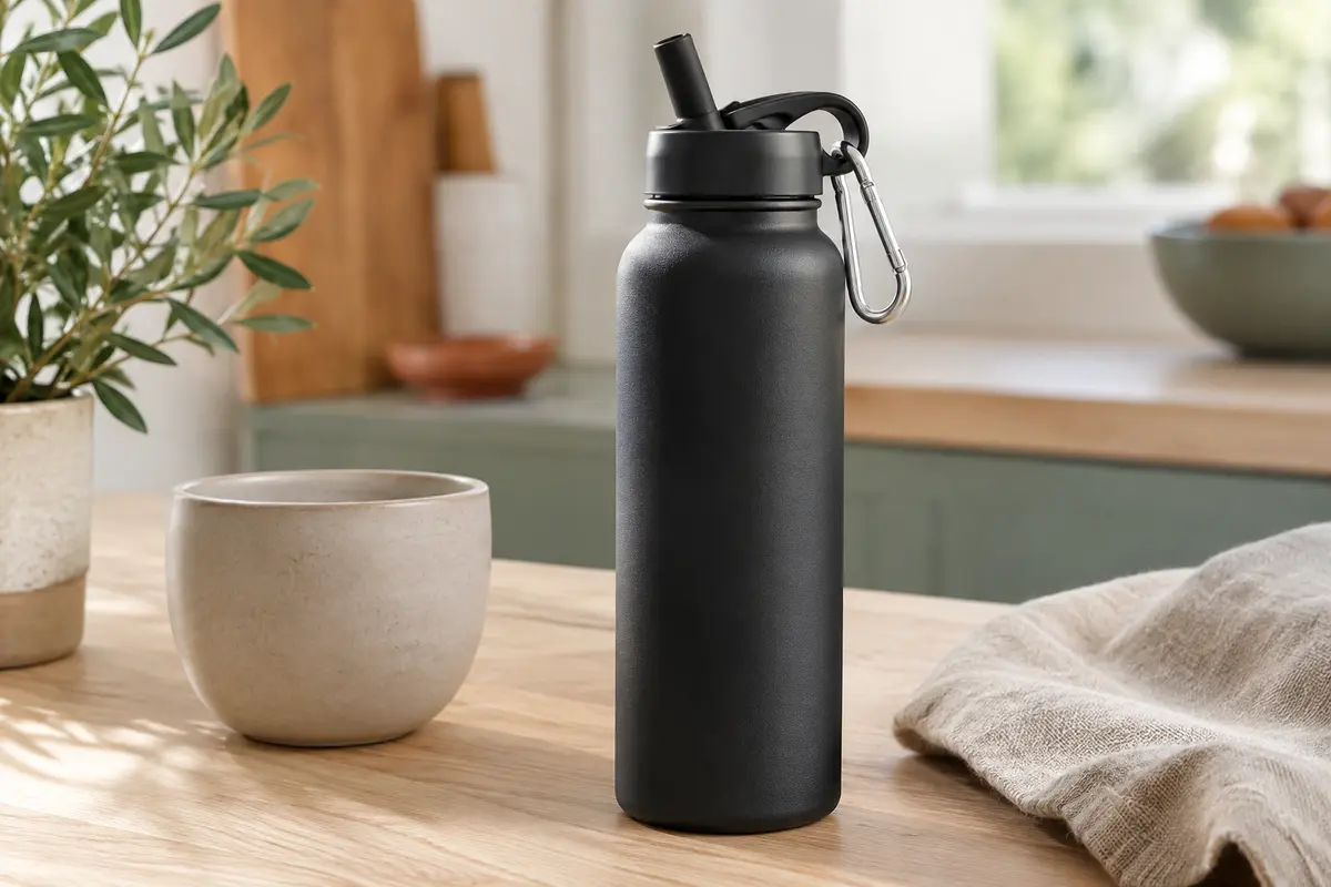Gourde isotherme noire en acier inoxydable avec couvercle à paille, posée sur une table en bois clair.