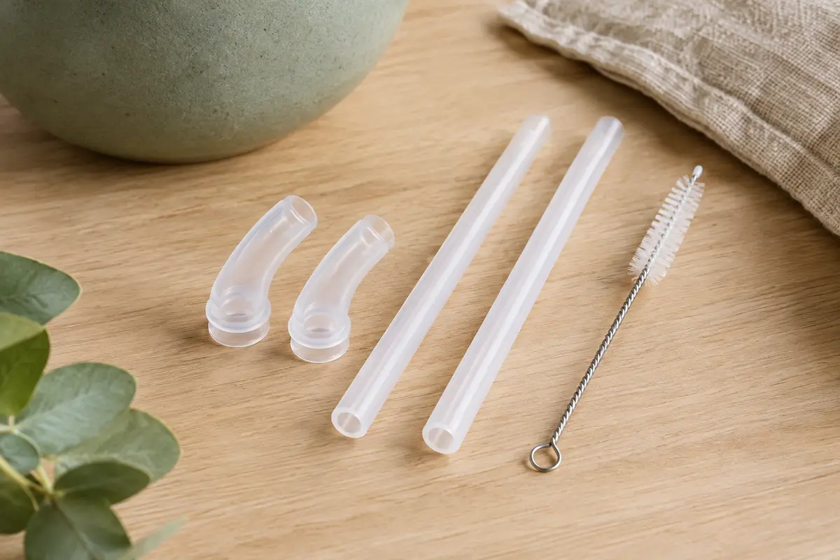 Embouts transparents, extensions de paille et brosse de nettoyage posés sur une table en bois clair