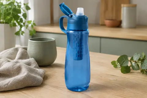 Gourde filtrante bleue avec bouchon à rabat, poignée de transport et embout en silicone