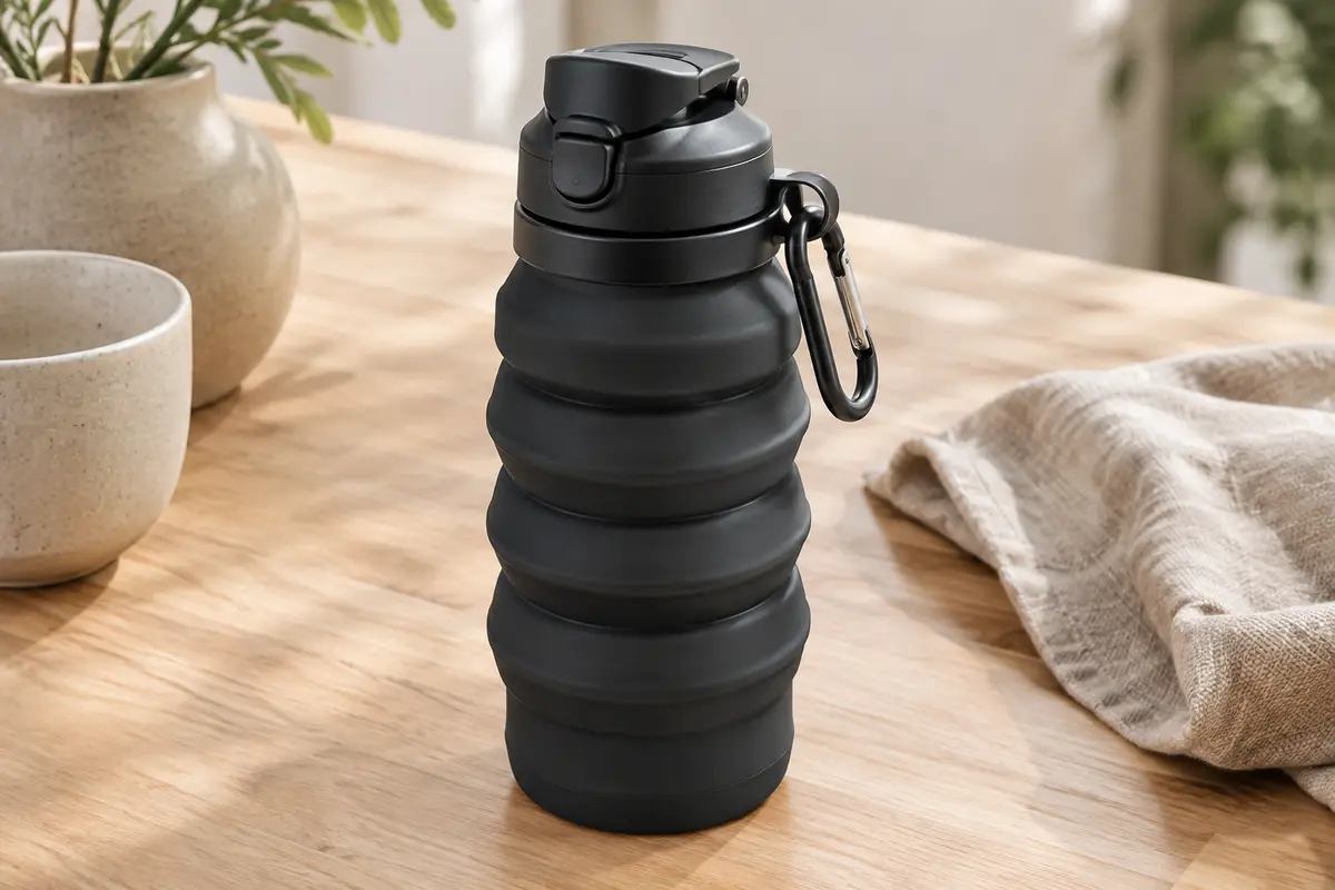 Gourde pliable noire en silicone avec bouchon verrouillable et mousqueton, posée sur une table en bois clair.