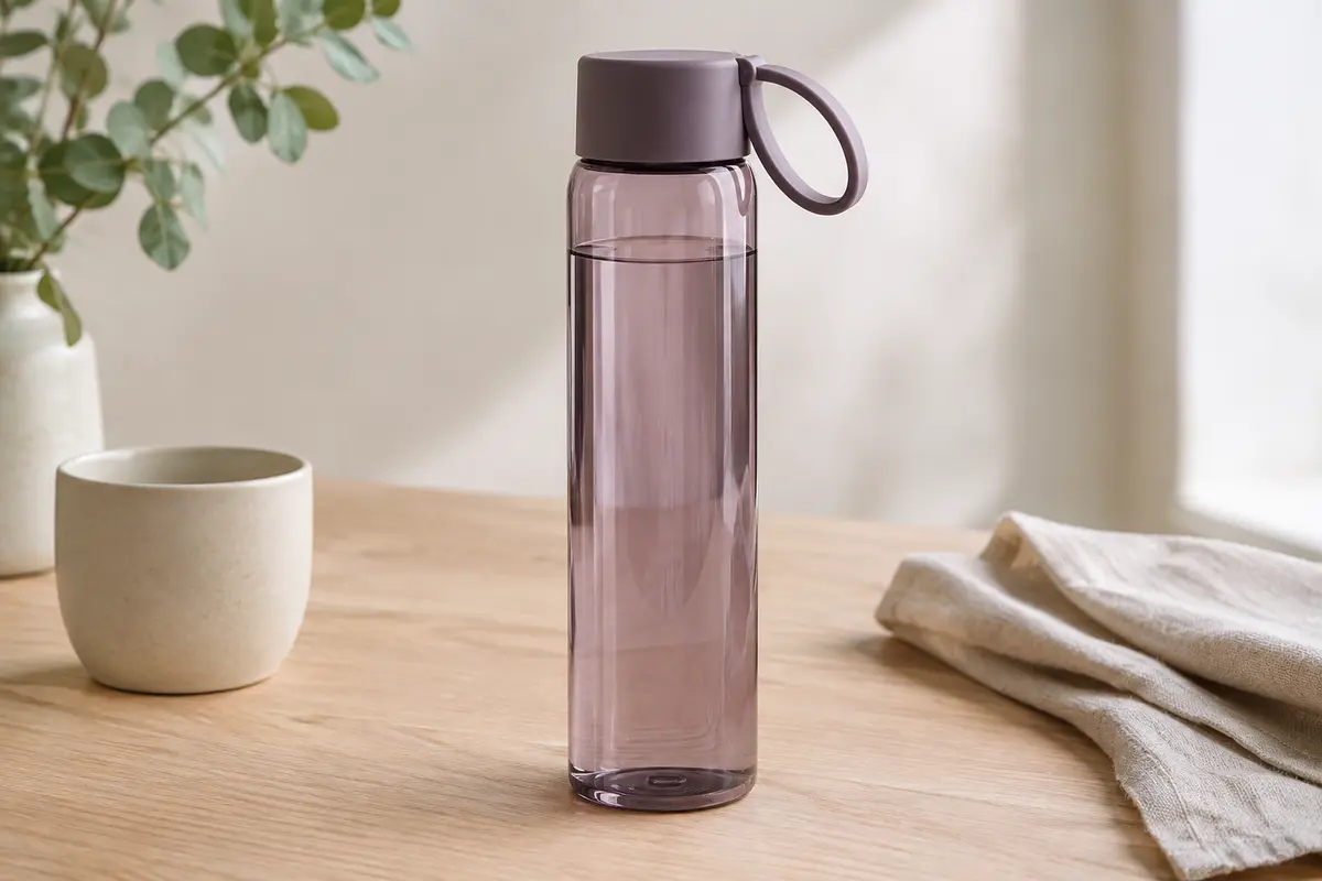 Gourde Kivy en Tritan transparent, avec bouchon violet taupe et boucle de transport amovible