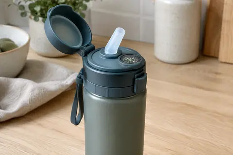 Gourde filtrante avec bouchon à boussole et paille souple posée sur une table en bois clair