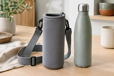 Housse de gourde grise en néoprène avec bandoulière réglable, présentée près d’une bouteille réutilisable.