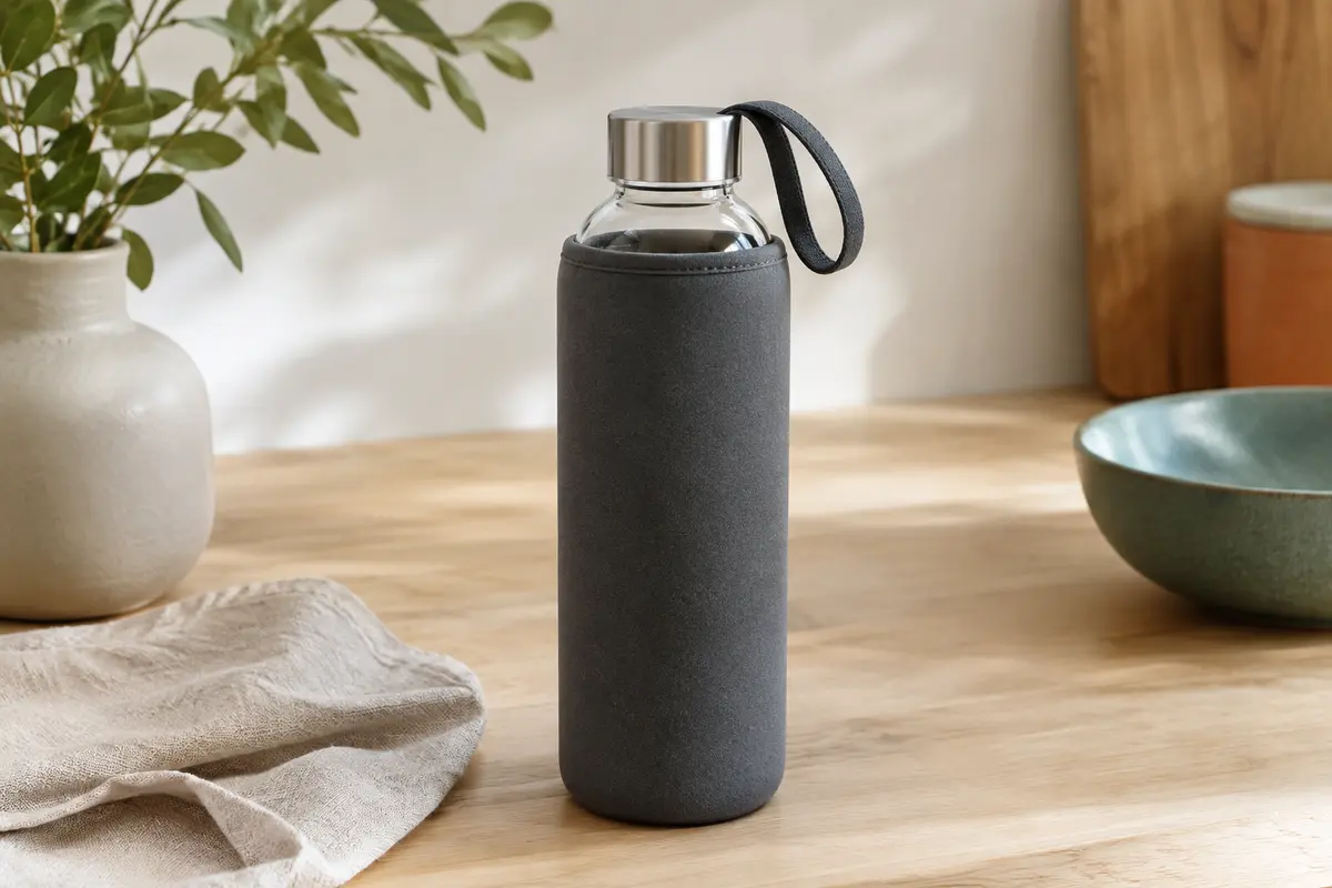 Gourde en verre transparent avec housse en néoprène gris foncé et boucle de transport