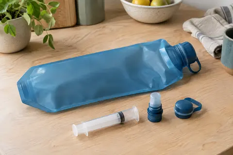 Poche-gourde filtrante bleue avec embout et seringue de rétrolavage sur une table en bois clair