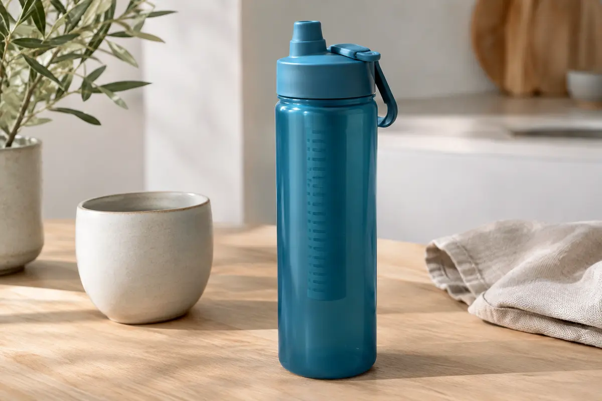 Gourde filtrante bleue avec couvercle et embout en silicone posée sur une table en bois clair.