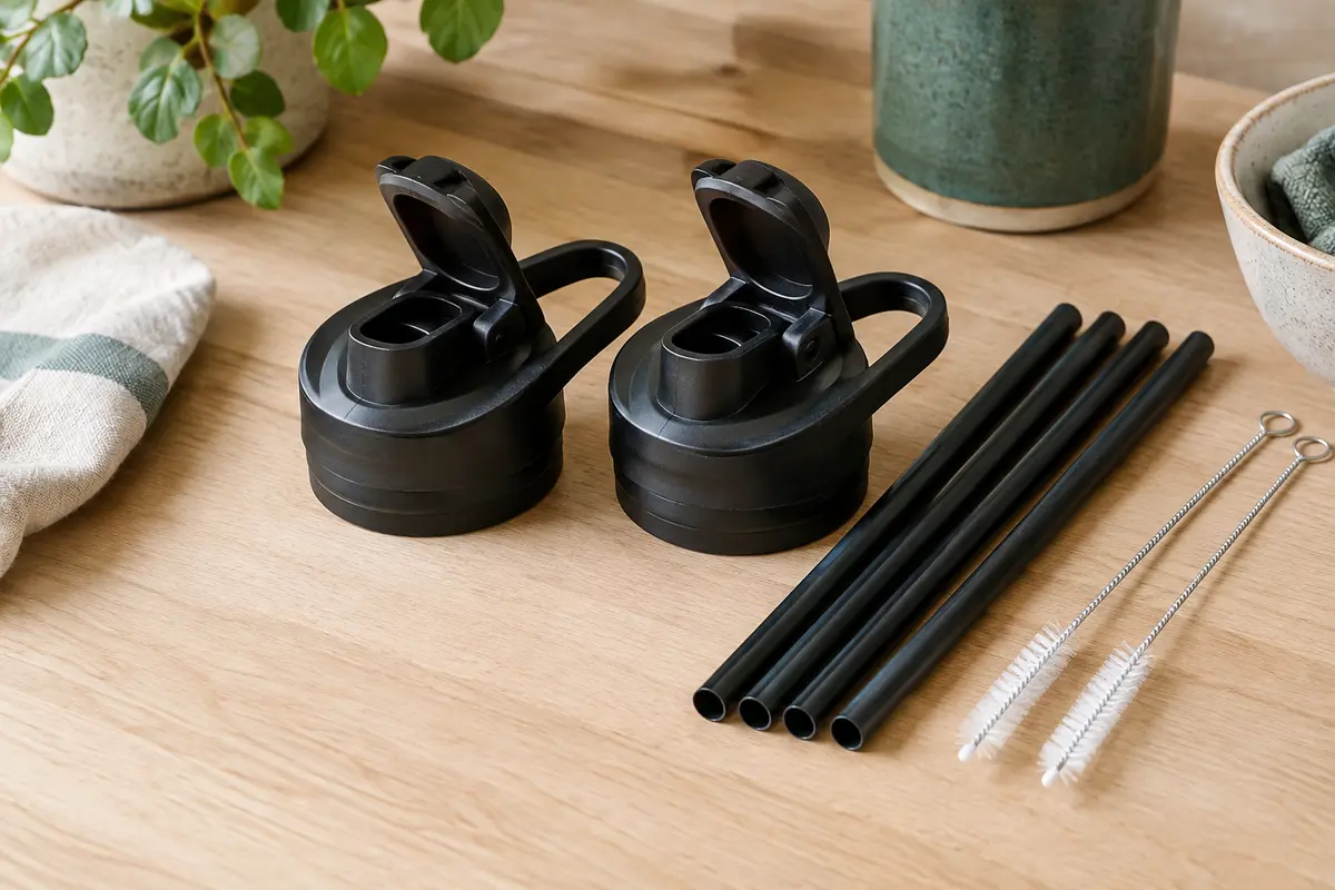 Deux bouchons noirs à paille accompagnés de pailles de rechange et de brosses sur une table claire.
