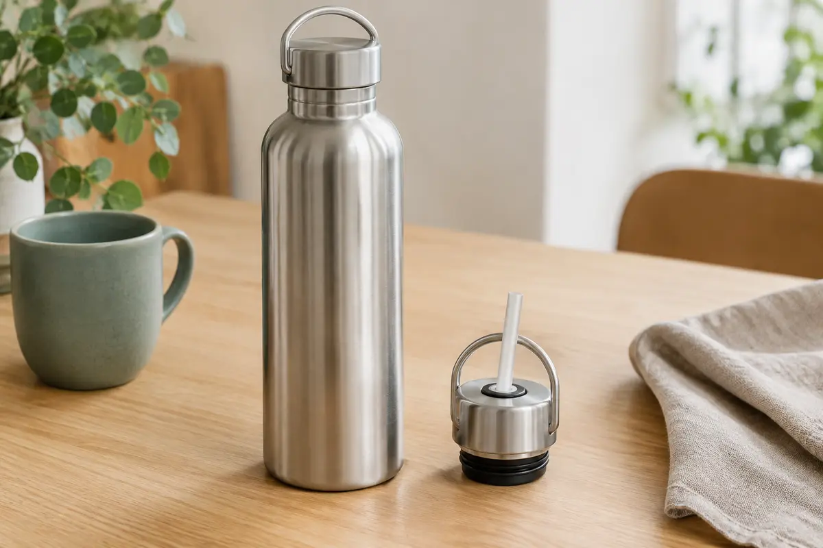 Gourde inox argentée d’un litre avec deux bouchons interchangeables, dont un avec poignée et paille