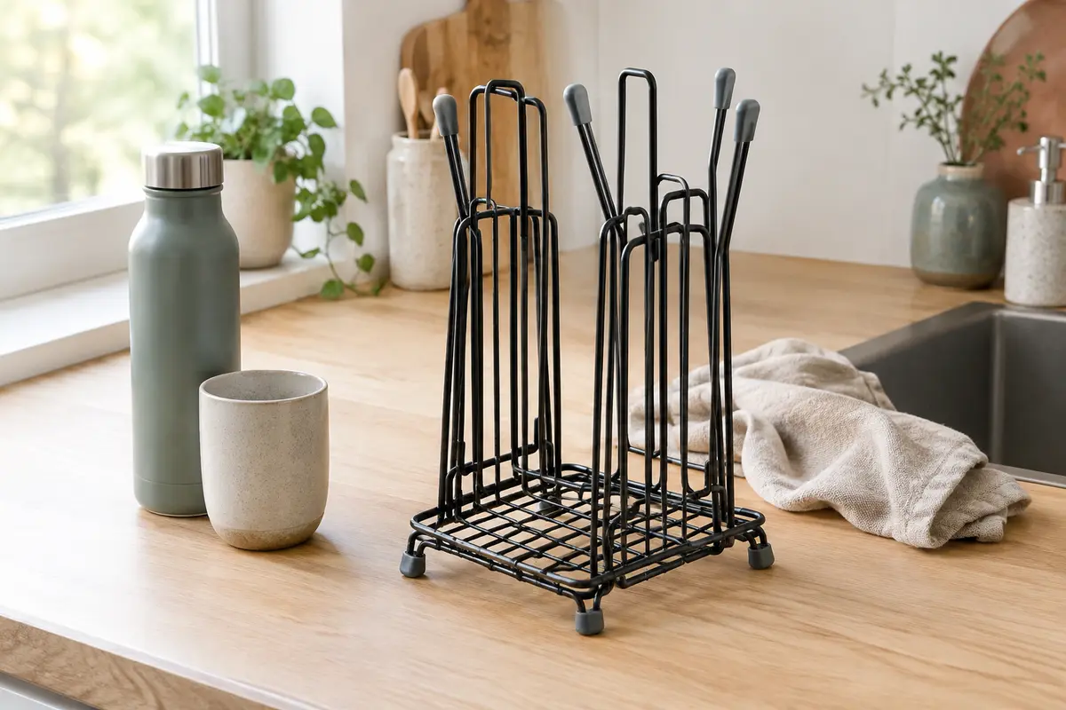 Égouttoir pliable noir pour gourdes, avec supports protégés par du silicone, posé sur un plan de cuisine clair.