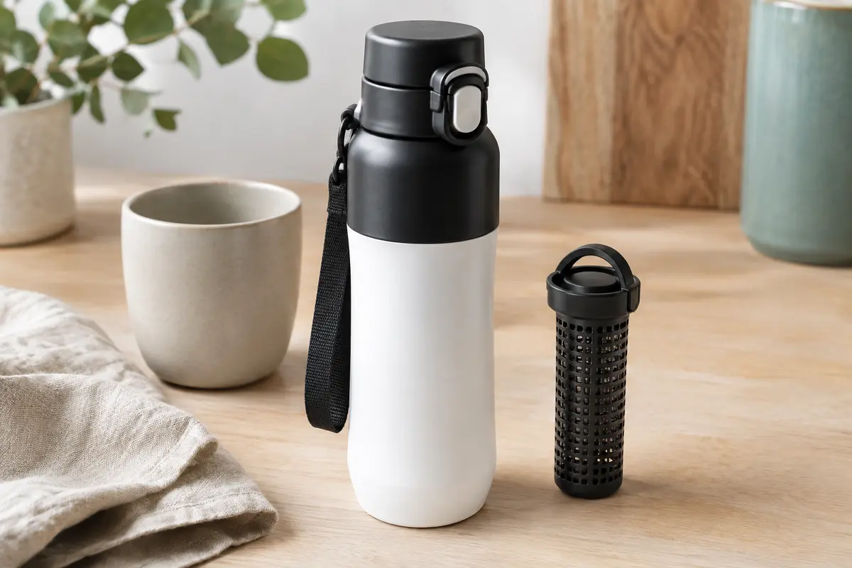 Gourde réutilisable noire et blanche de 500 ml avec bouchon verrouillable et filtre à fruits amovible