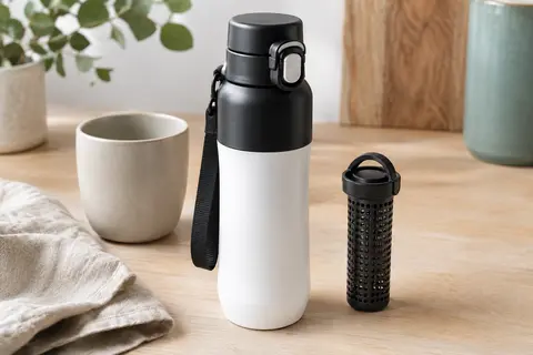 Gourde réutilisable noire et blanche de 500 ml avec bouchon verrouillable et filtre à fruits amovible