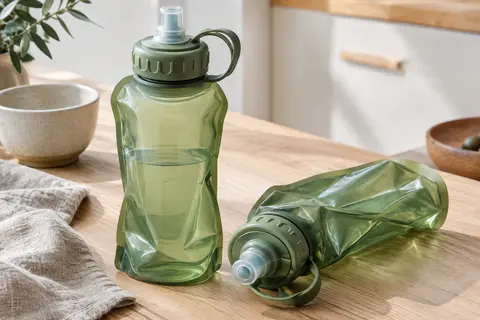 Deux flasques souples vertes en TPU, avec bouchons larges, posées sur une table en bois clair.