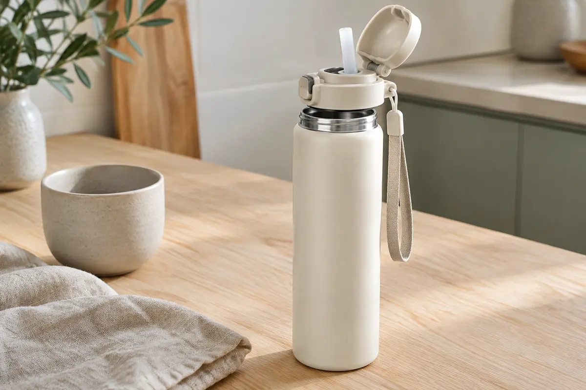 Gourde isotherme beige ivoire avec bouchon sport à paille et dragonne, posée sur une table en bois clair.