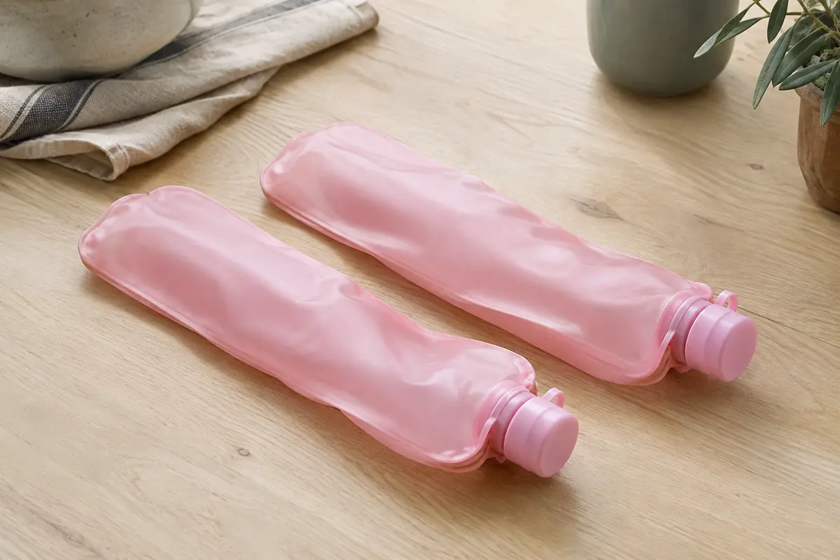 Deux flasques souples roses posées sur une table en bois clair près d’un linge en lin naturel.