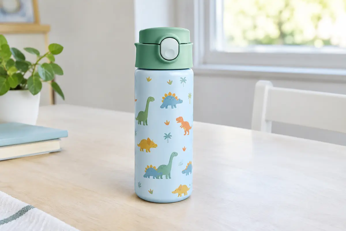 Bouteille isotherme Mepal en acier inoxydable avec bec rabattable, posée sur une table en bois clair.