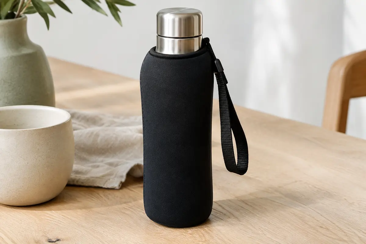 Housse de gourde noire en néoprène avec dragonne, placée autour d’une bouteille en acier inoxydable.