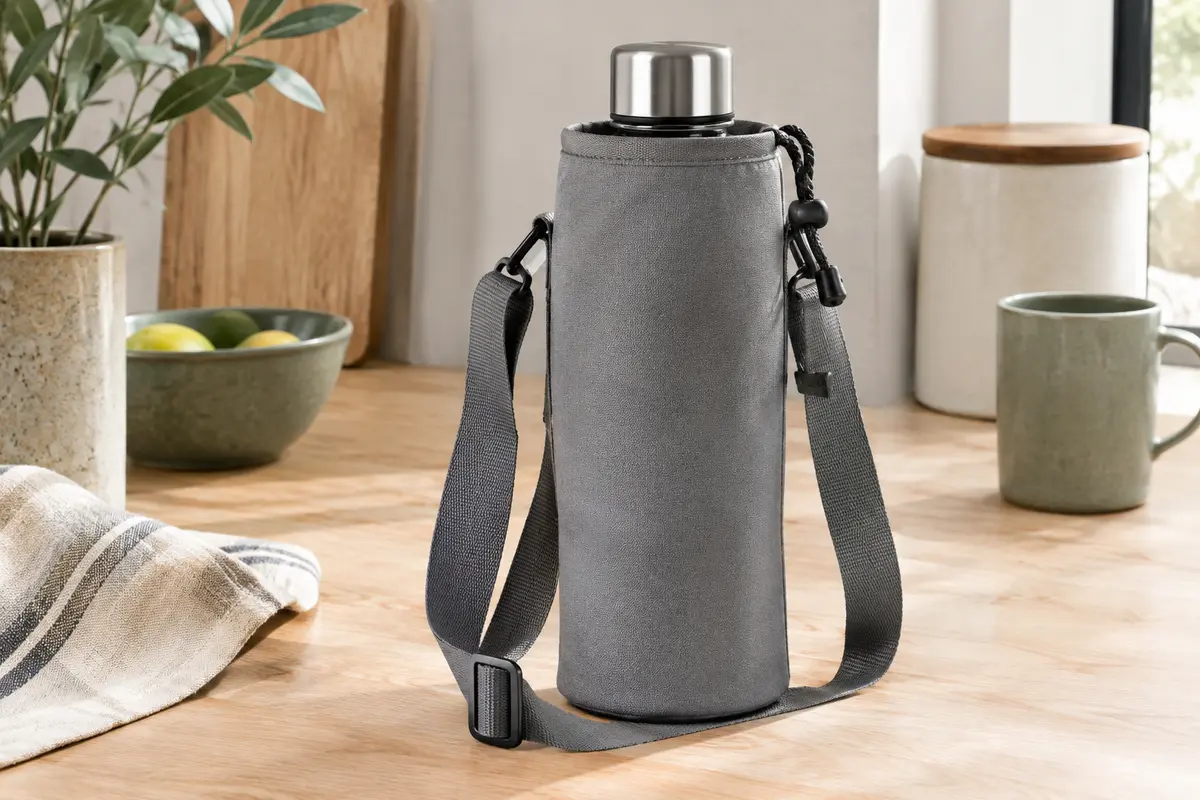 Housse porte-bouteille grise en tissu Oxford avec bandoulière réglable, posée sur une table en bois clair.
