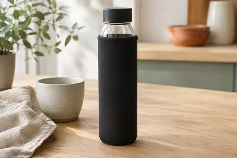 Gourde en verre borosilicate avec housse noire en néoprène posée sur une table en bois clair